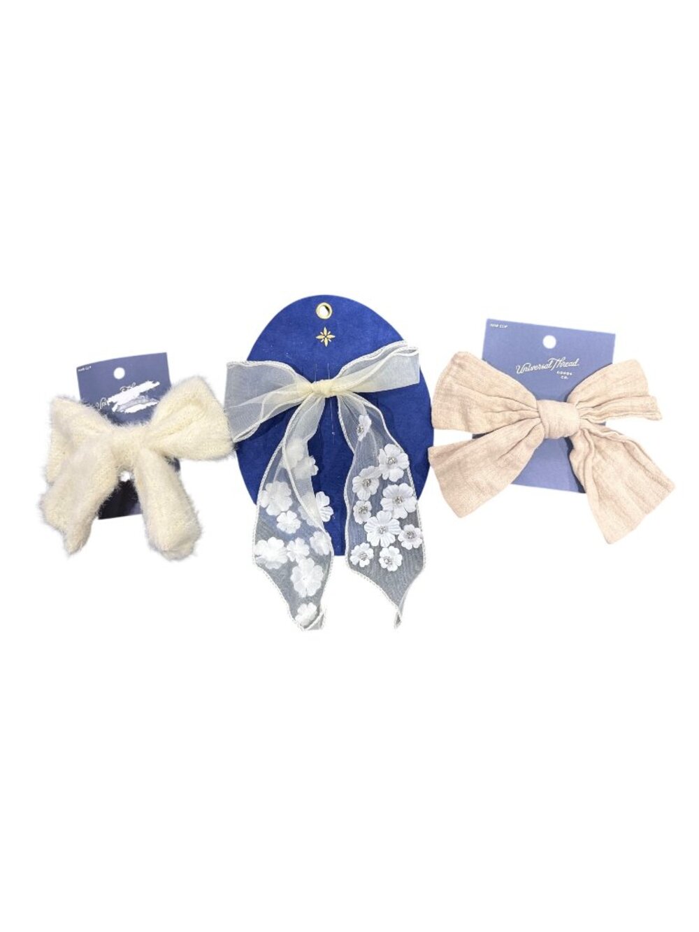 Set Of 3 Hair Clips With Bow Designs Universal Thread White Lace Beige Cotton &